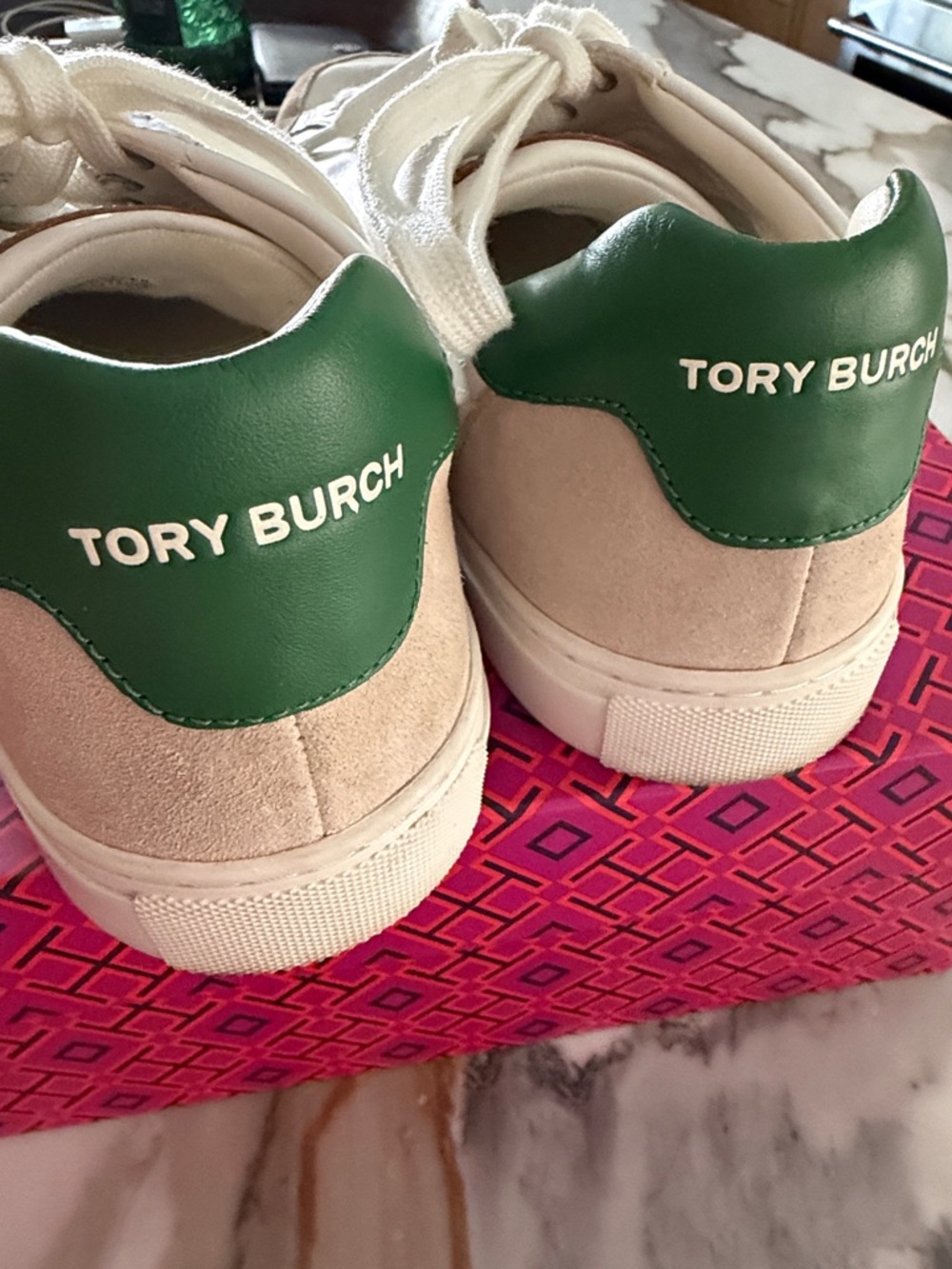 Tory Burch White Leather Sneakers with Green Logo and Heel Tab/color block - Picture 4 of 8